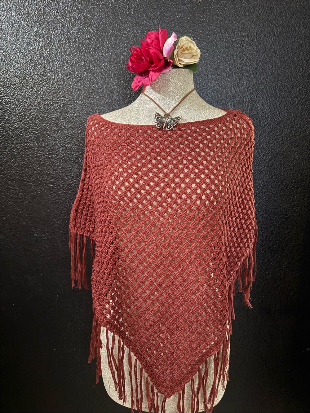 Open-Weave Fringe Poncho Sweater - Rust